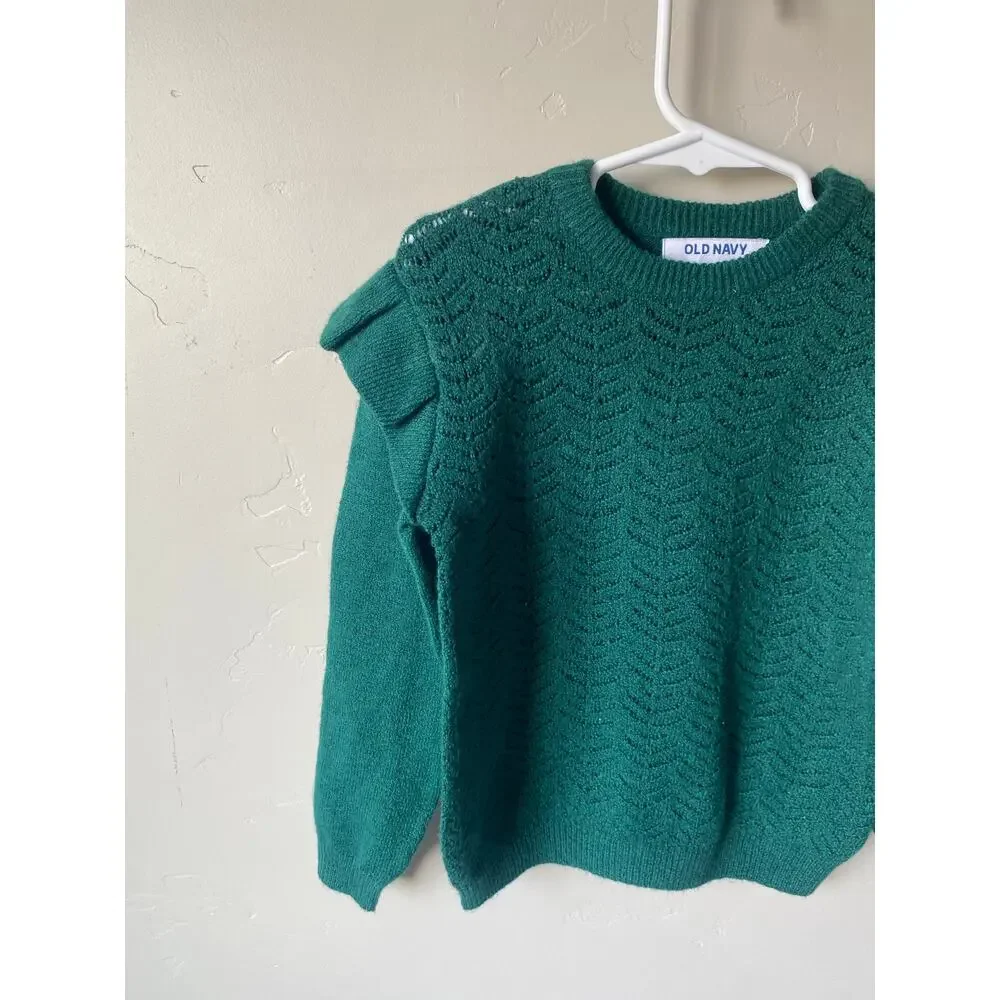 Old Navy Green Ruffle Sleeved Cotton Blend Christmas Sweater- Size 5t